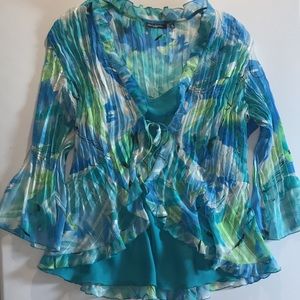 2X Women’s Plus 2PC. Blue Teal Floral,Ruffles,Flared Sleeves& Adjustable Straps